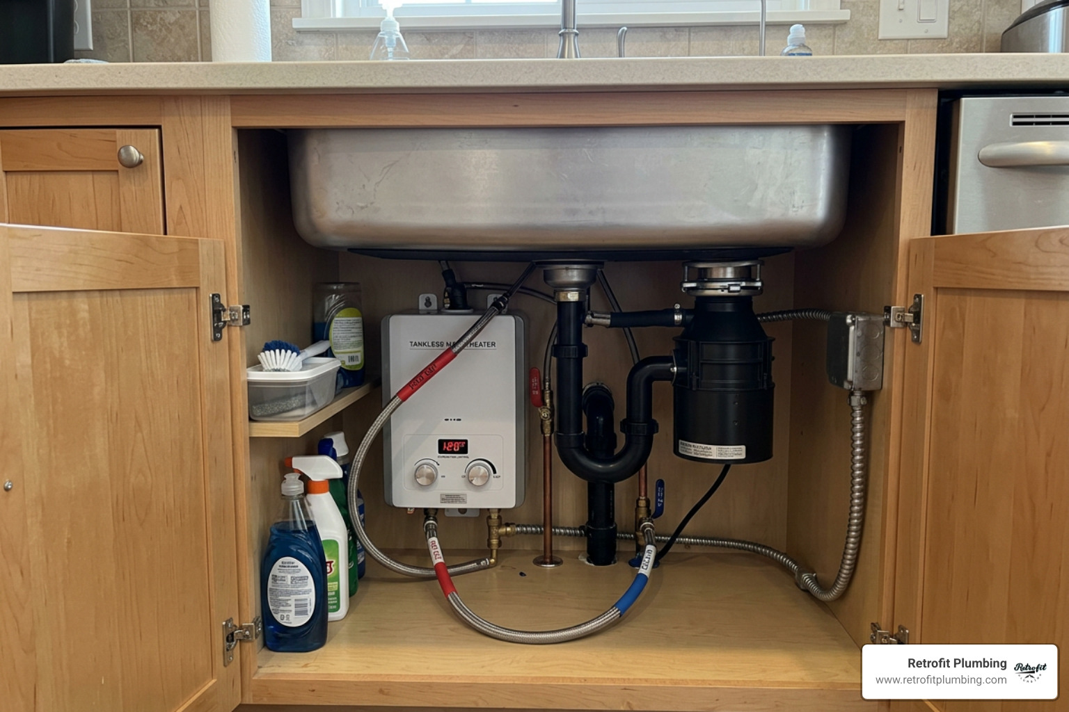 point-of-use tankless water heater installed under a kitchen sink point-of-use tankless water heater installed under a kitchen sink