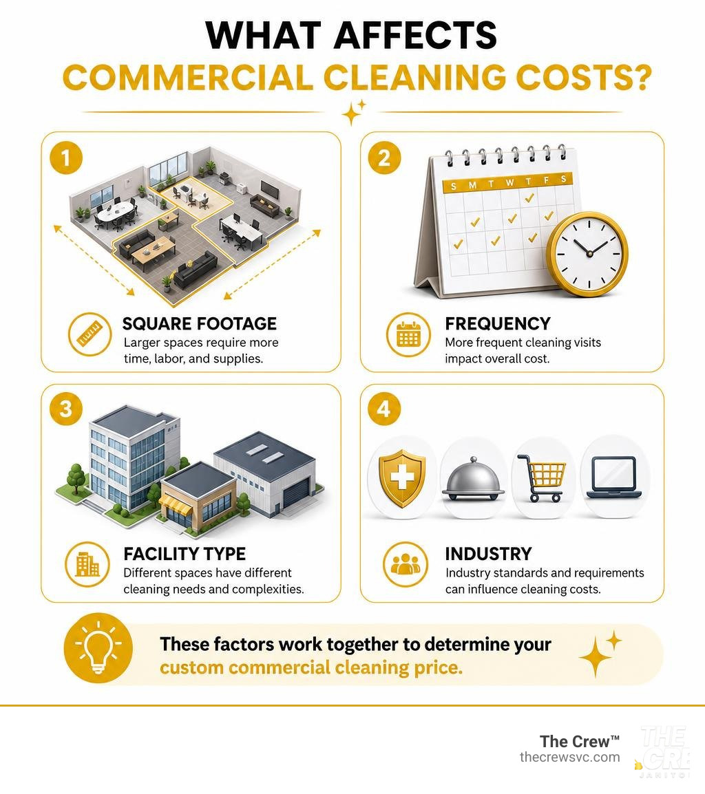 Infographic showing commercial cleaning cost factors: square footage, frequency, facility type, and industry infographic Infographic showing commercial cleaning cost factors: square footage, frequency, facility type, and industry infographic