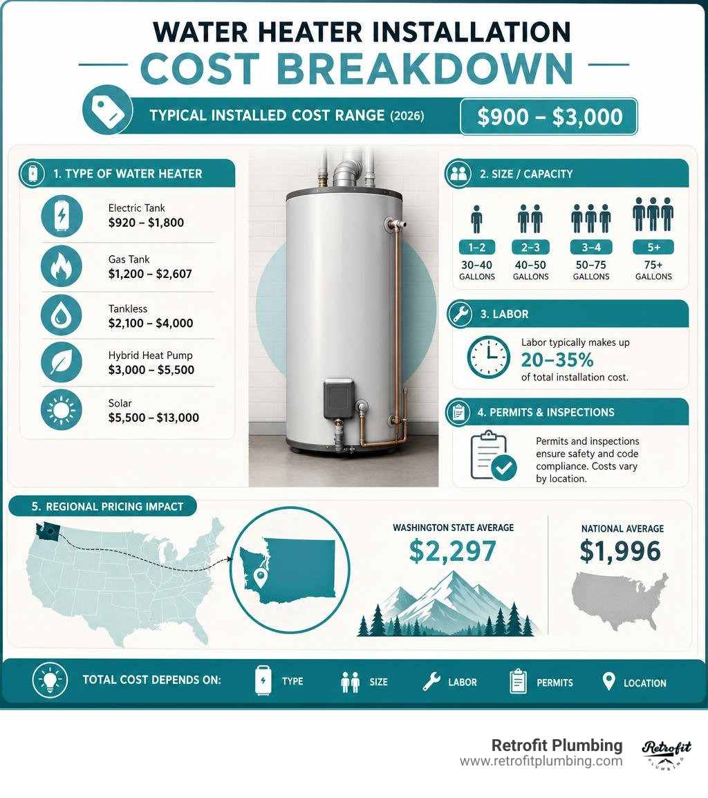 Water heater installation cost breakdown infographic showing type, size, labor, permits, and regional pricing infographic Water heater installation cost breakdown infographic showing type, size, labor, permits, and regional pricing infographic