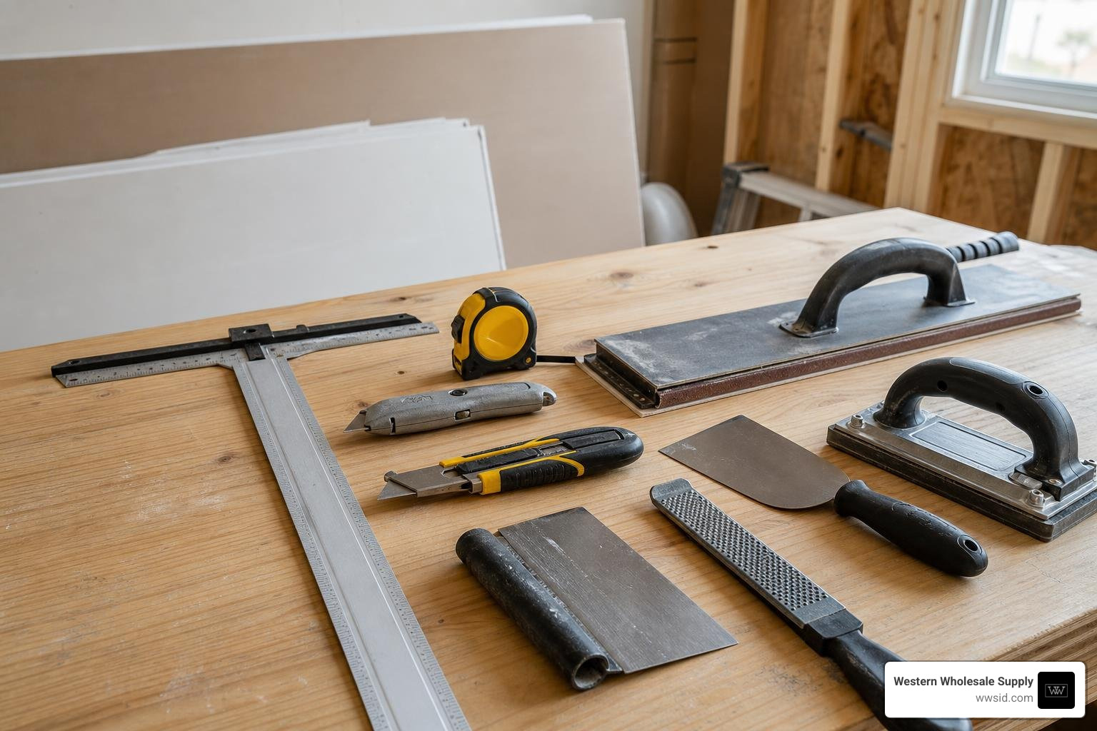 Drywall cutting tools laid out on a clean workbench Drywall cutting tools laid out on a clean workbench