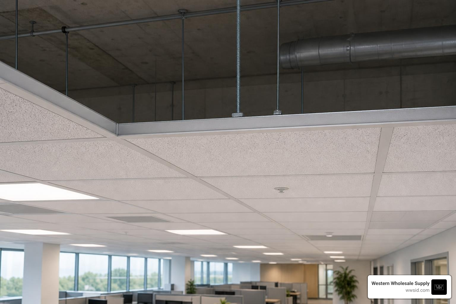 Zinc-plated metric threaded rods supporting a clean CertainTeed acoustical ceiling installation in a commercial interior Zinc-plated metric threaded rods supporting a clean CertainTeed acoustical ceiling installation in a commercial interior