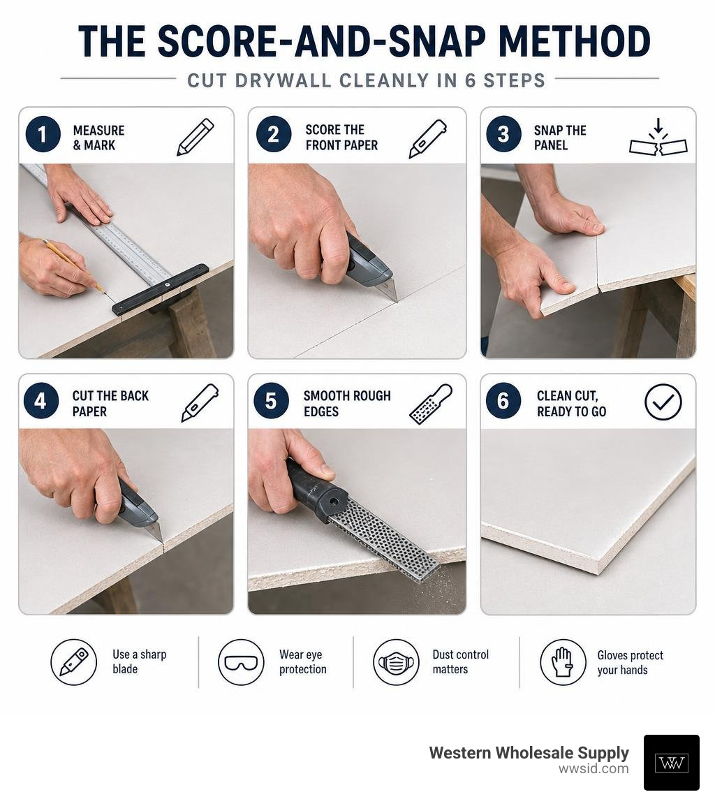Infographic showing score-and-snap method steps for cutting drywall cleanly infographic Infographic showing score-and-snap method steps for cutting drywall cleanly infographic