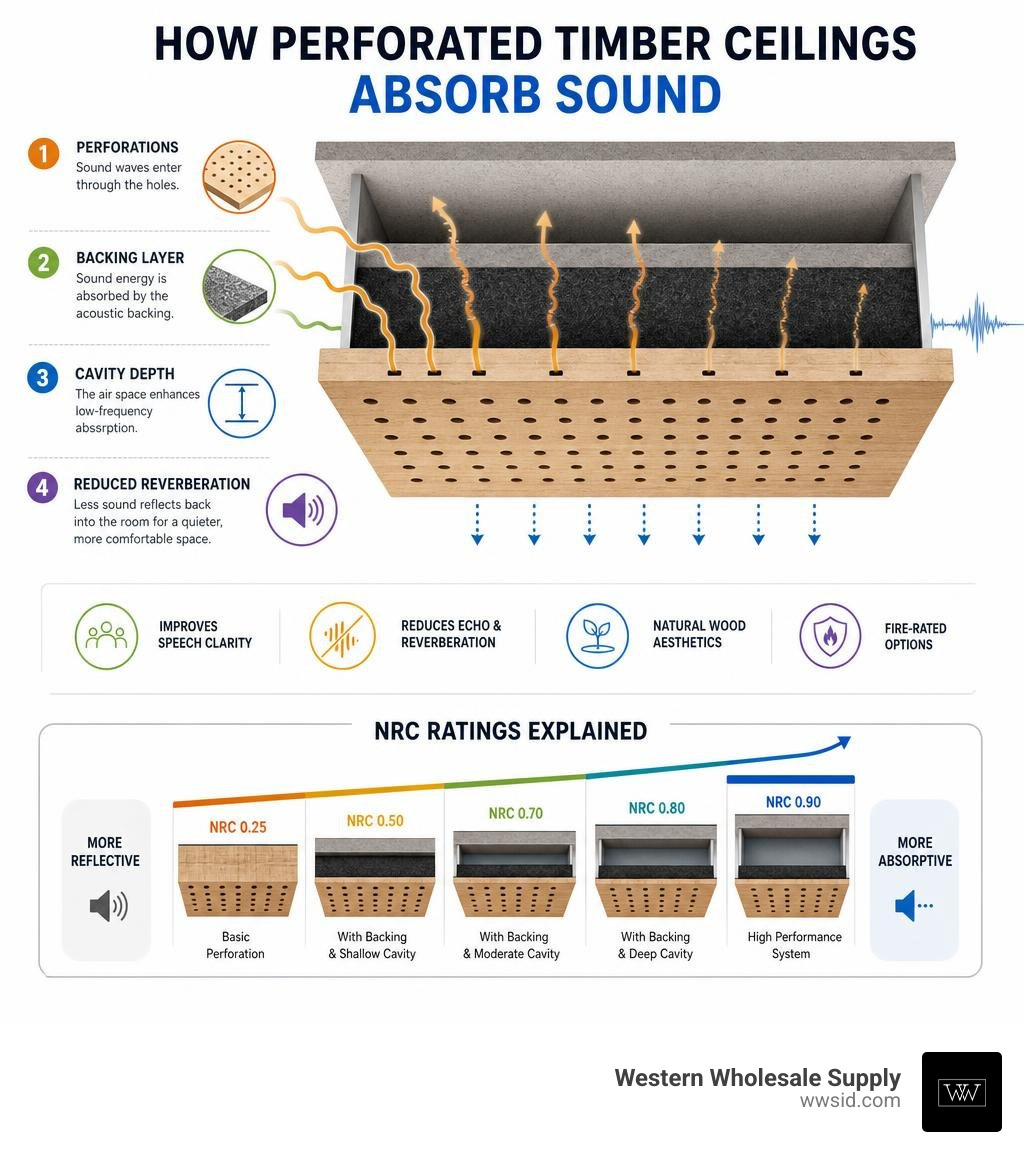Infographic showing how perforated timber ceilings absorb sound: holes, backing layer, cavity depth, and NRC ratings Infographic showing how perforated timber ceilings absorb sound: holes, backing layer, cavity depth, and NRC ratings