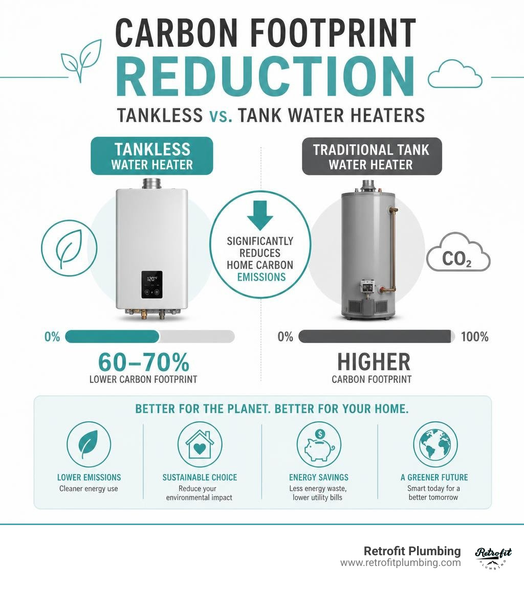 Chart showing carbon footprint reduction of tankless vs tank water heaters infographic Chart showing carbon footprint reduction of tankless vs tank water heaters infographic