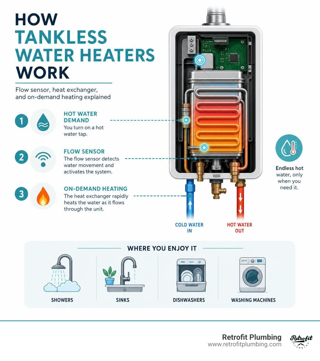 How tankless water heaters work — flow sensor, heat exchanger, and on-demand heating explained infographic How tankless water heaters work — flow sensor, heat exchanger, and on-demand heating explained infographic