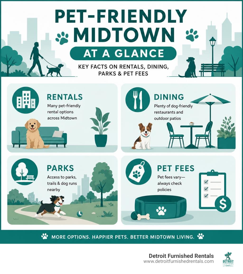 Infographic: Pet-Friendly Midtown at a Glance — key facts on rentals, dining, parks, and pet fees infographic