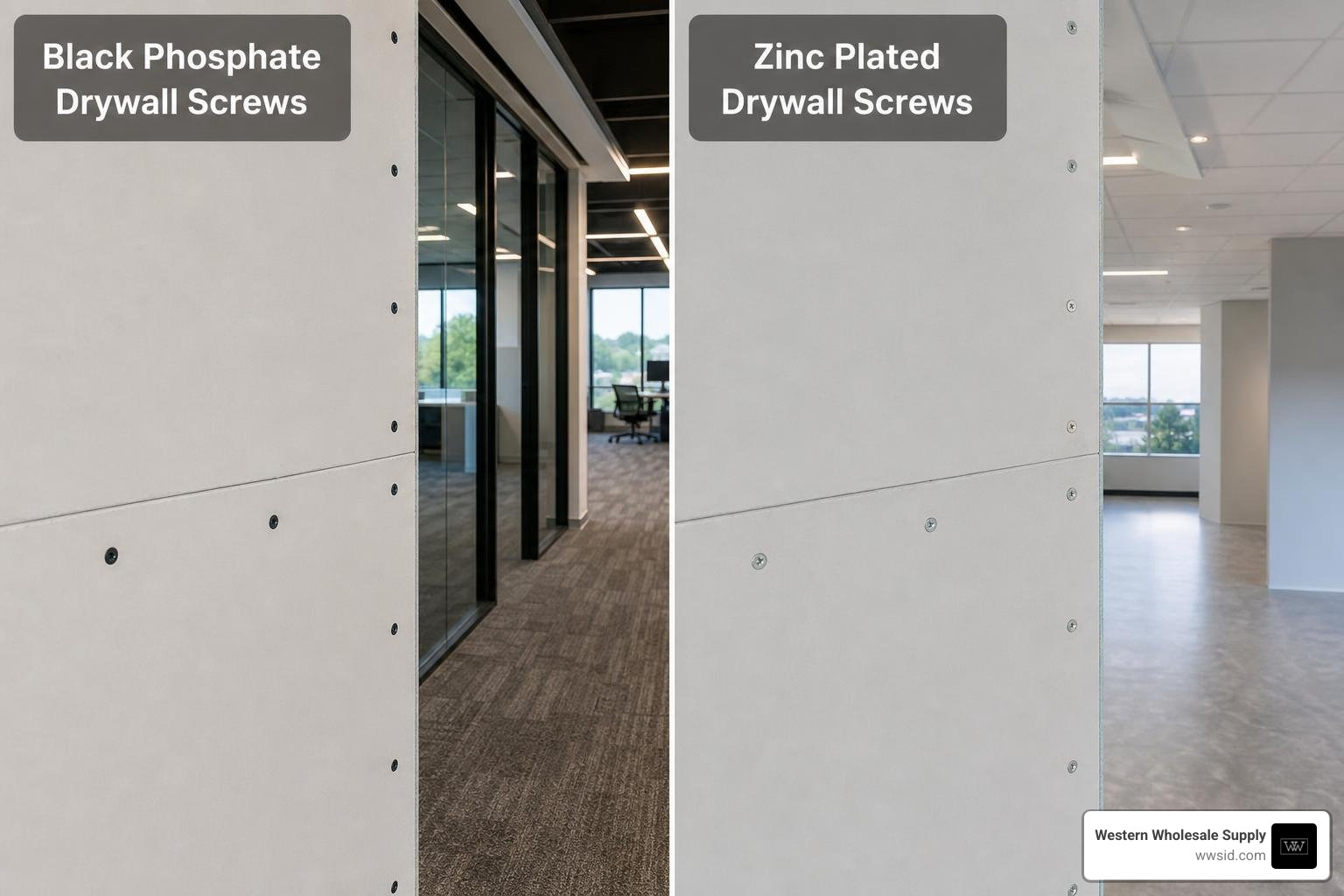 Comparison diagram showing black phosphate vs zinc plated drywall screws in a modern commercial space Comparison diagram showing black phosphate vs zinc plated drywall screws in a modern commercial space