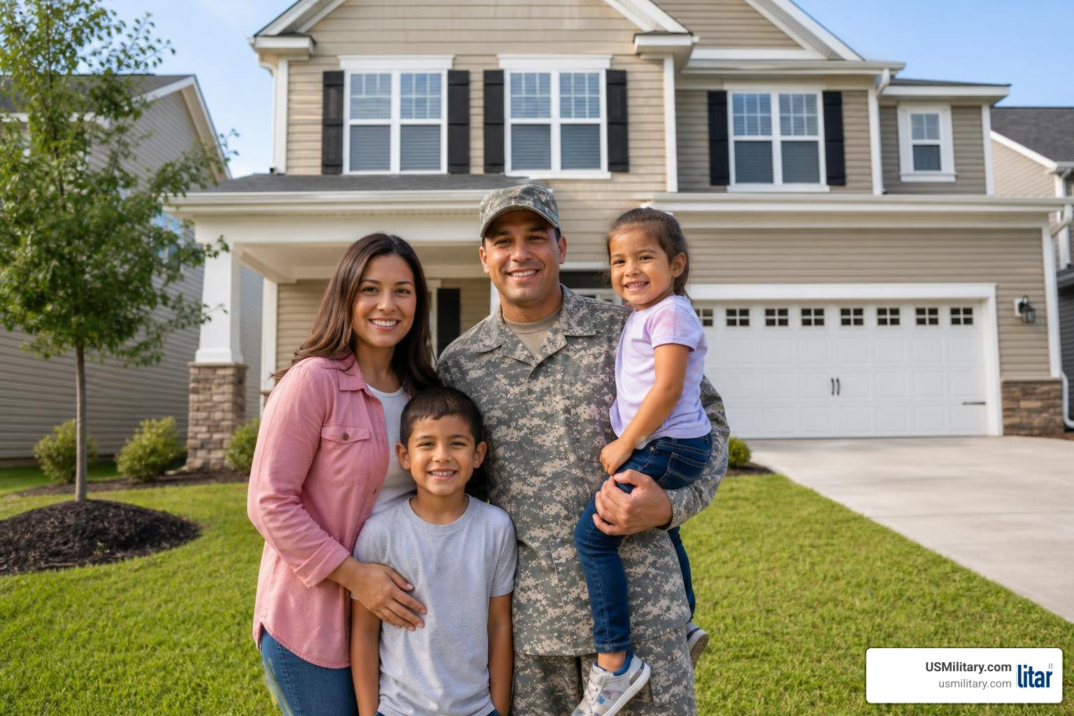 veteran family standing in front of their new home