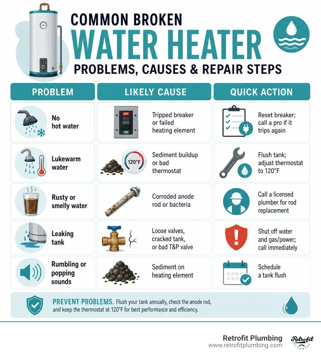 Common broken water heater problems, causes, and repair steps infographic infographic