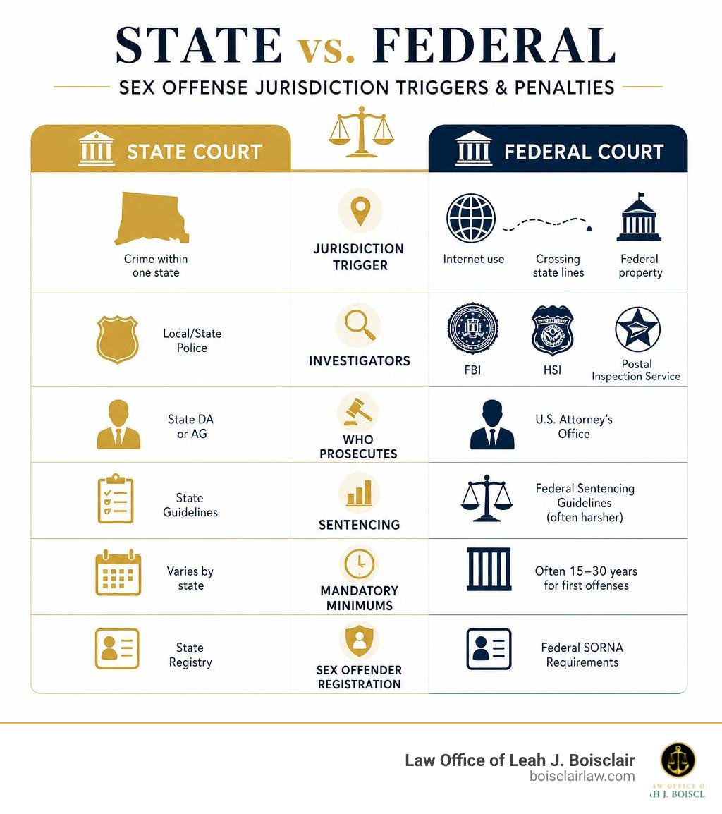 Infographic comparing state vs federal sex offense jurisdiction triggers and penalties infographic