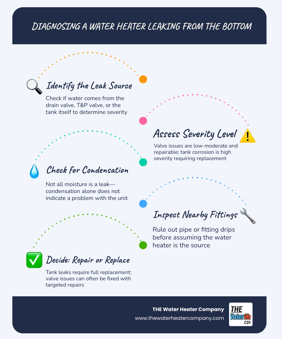 infographic showing 4 causes of water heater bottom leaks with severity levels and repair vs replace guidance infographic infographic showing 4 causes of water heater bottom leaks with severity levels and repair vs replace guidance infographic