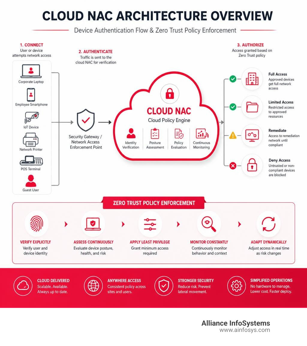 Cloud NAC architecture overview showing device authentication flow and Zero Trust policy enforcement infographic Cloud NAC architecture overview showing device authentication flow and Zero Trust policy enforcement infographic