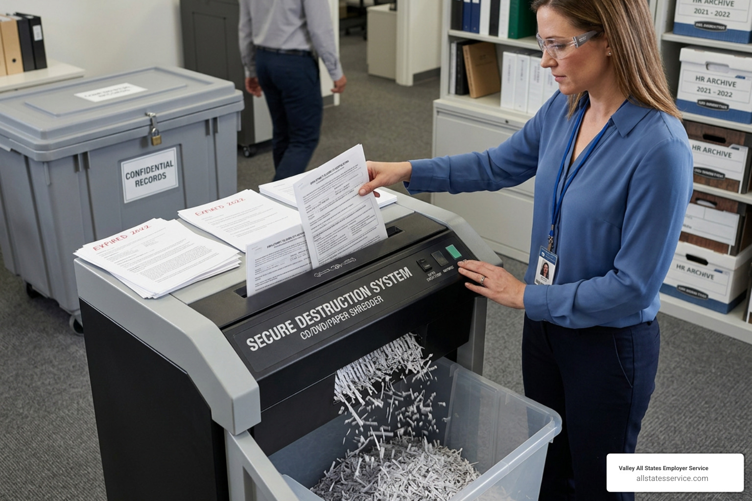 Secure paper shredding machine destroying expired HR and I-9 documents