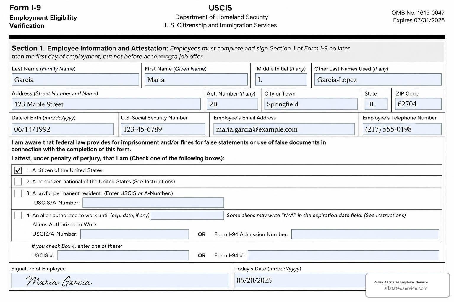 Sample of completed Section 1 of Form I-9 showing employee details and citizenship attestation