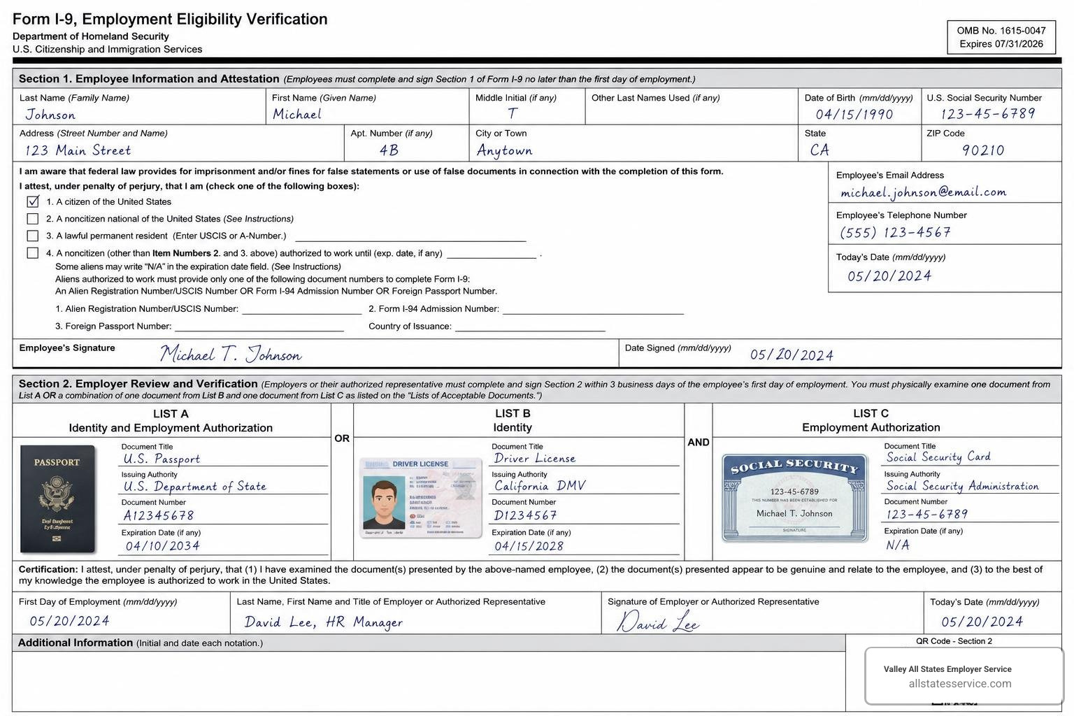 Completed Form I-9 document verification showing List A and List B plus C combinations