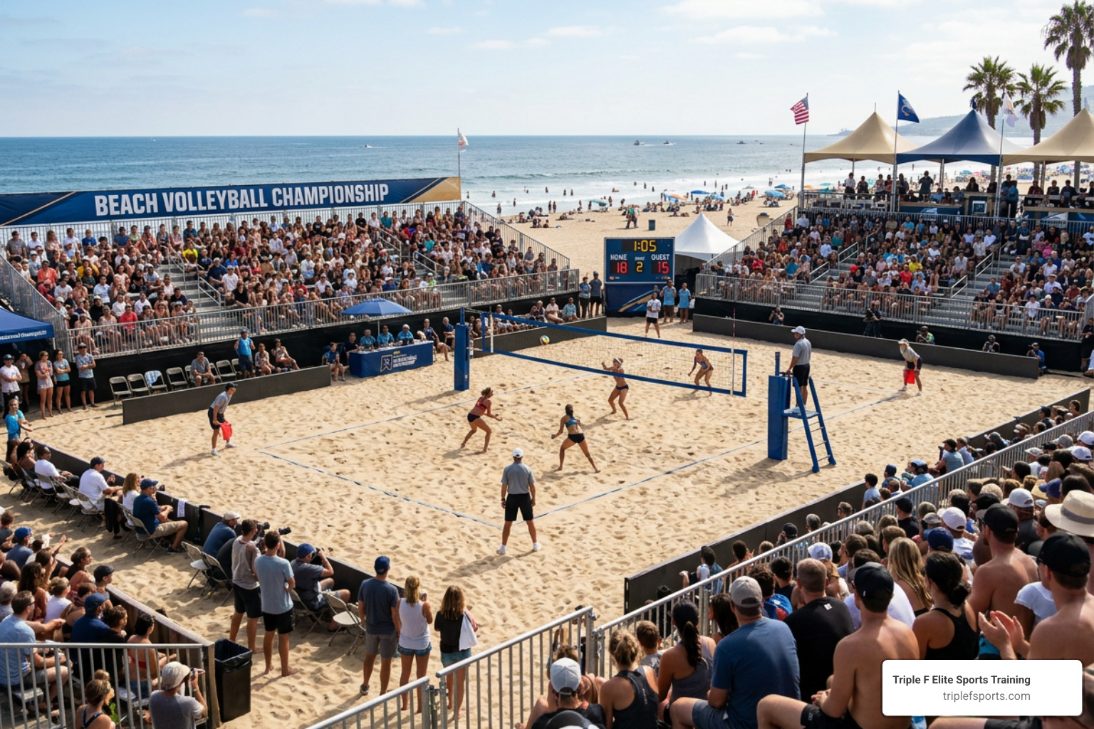 An Elite 16 stadium setup on the beach An Elite 16 stadium setup on the beach
