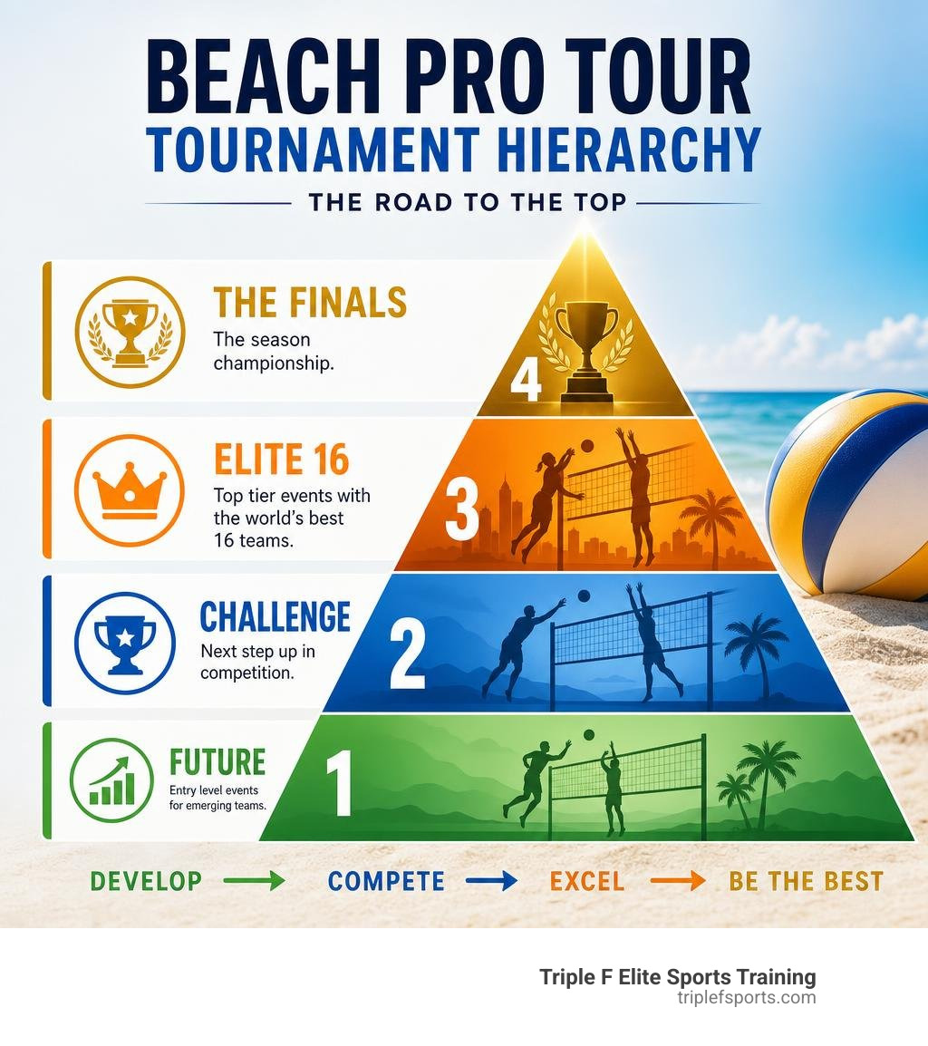 Beach Pro Tour tournament hierarchy infographic showing Future, Challenge, Elite 16, and The Finals tiers infographic Beach Pro Tour tournament hierarchy infographic showing Future, Challenge, Elite 16, and The Finals tiers infographic