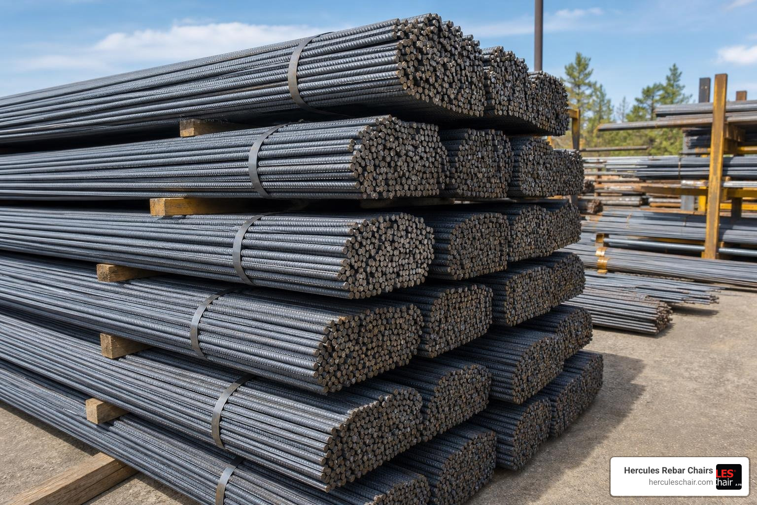 Bundles of #3 rebar stacked in a commercial steel yard