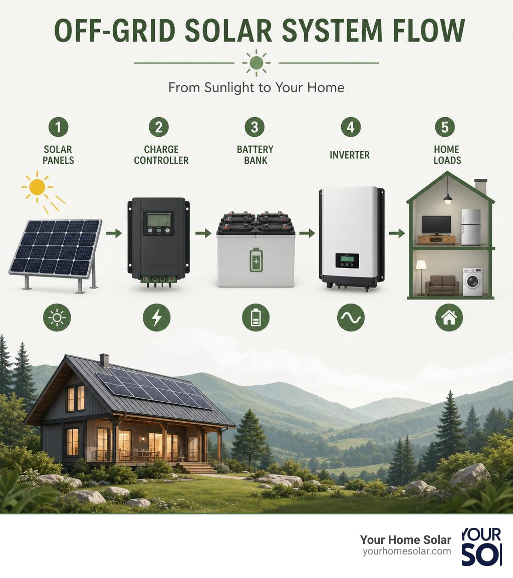 Infographic showing off-grid solar system flow: panels to charge controller to battery bank to inverter to home loads Infographic showing off-grid solar system flow: panels to charge controller to battery bank to inverter to home loads