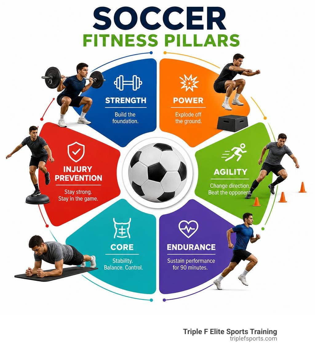Soccer fitness pillars infographic: strength, power, agility, endurance, core, injury prevention infographic Soccer fitness pillars infographic: strength, power, agility, endurance, core, injury prevention infographic