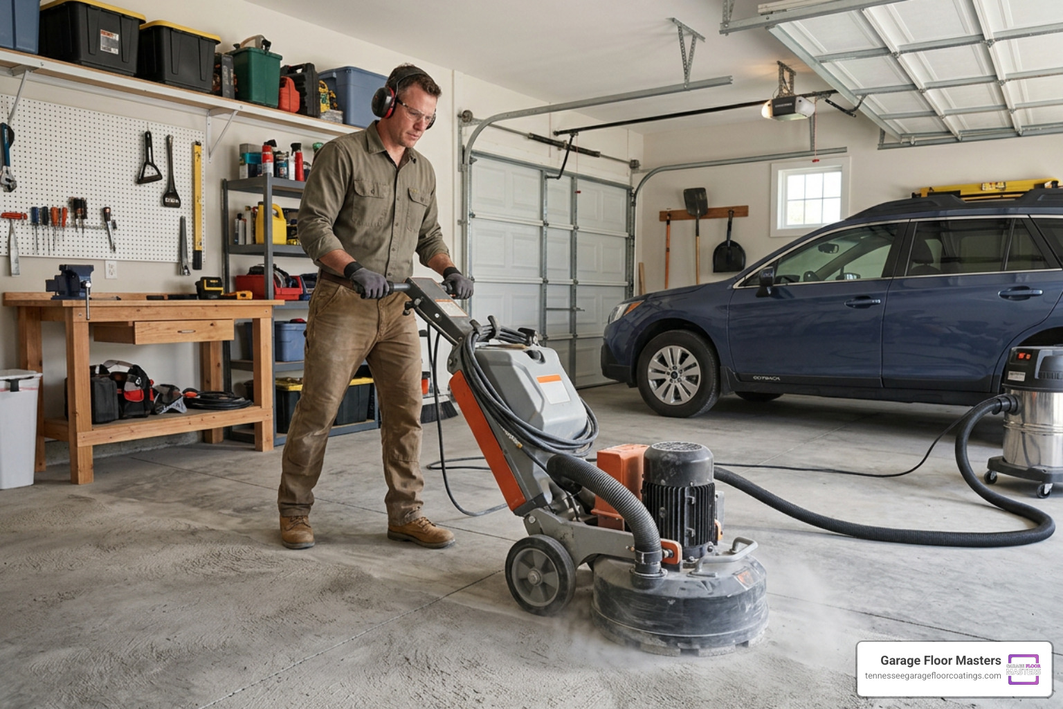 An industrial diamond grinder preparing a concrete garage floor An industrial diamond grinder preparing a concrete garage floor