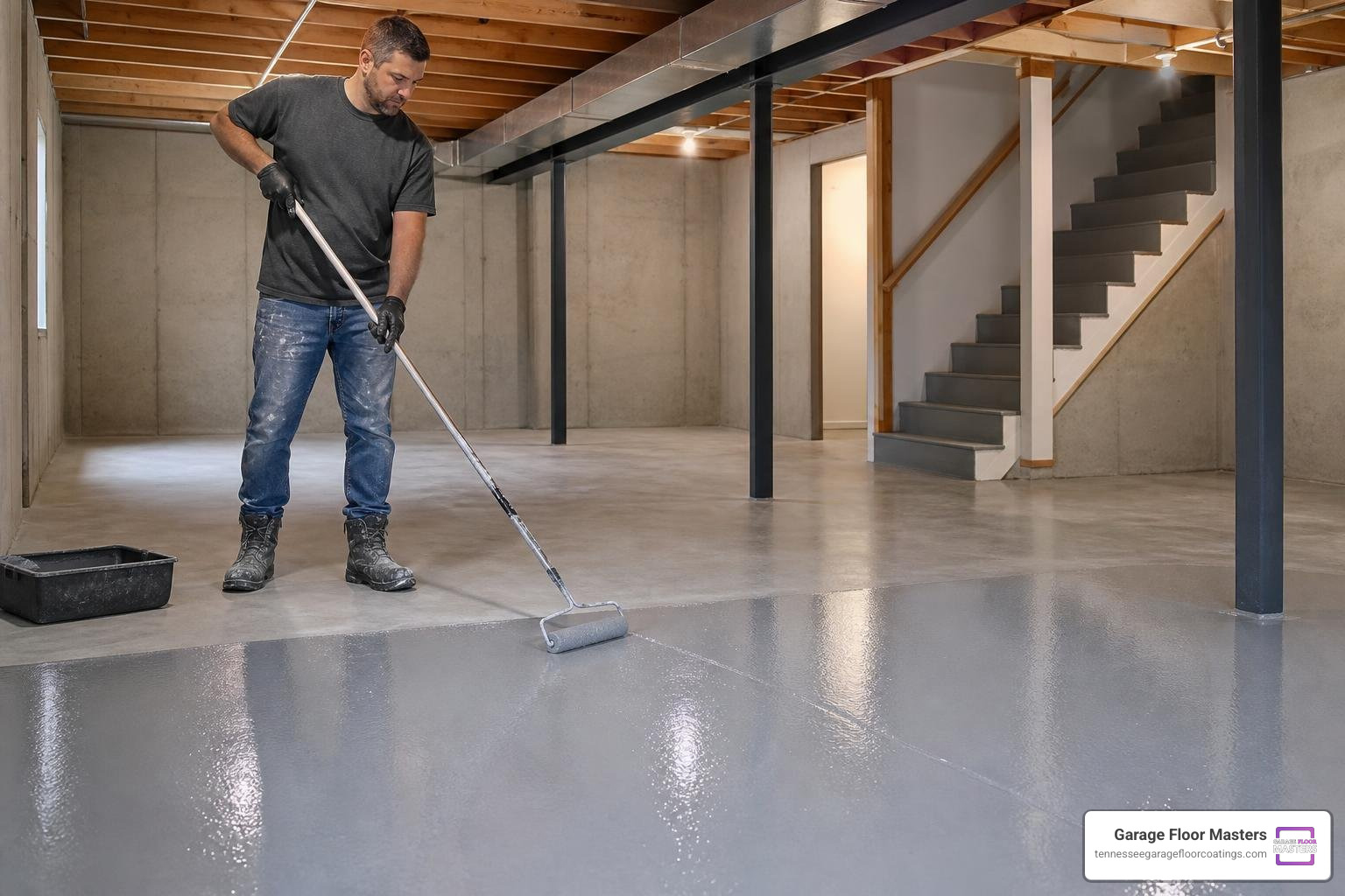 Applying polyaspartic floor coating on prepared basement concrete Applying polyaspartic floor coating on prepared basement concrete