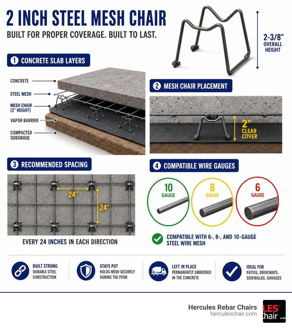 Infographic showing concrete slab layers, mesh chair placement, spacing, and wire gauge compatibility infographic
