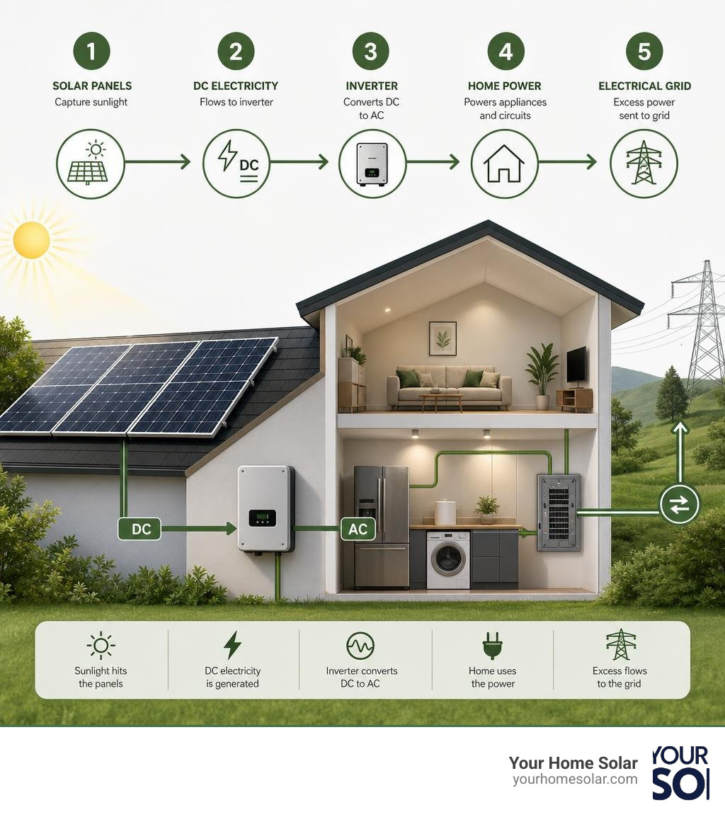 Step-by-step flow of solar energy from panels through inverter to home appliances and electrical grid infographic Step-by-step flow of solar energy from panels through inverter to home appliances and electrical grid infographic