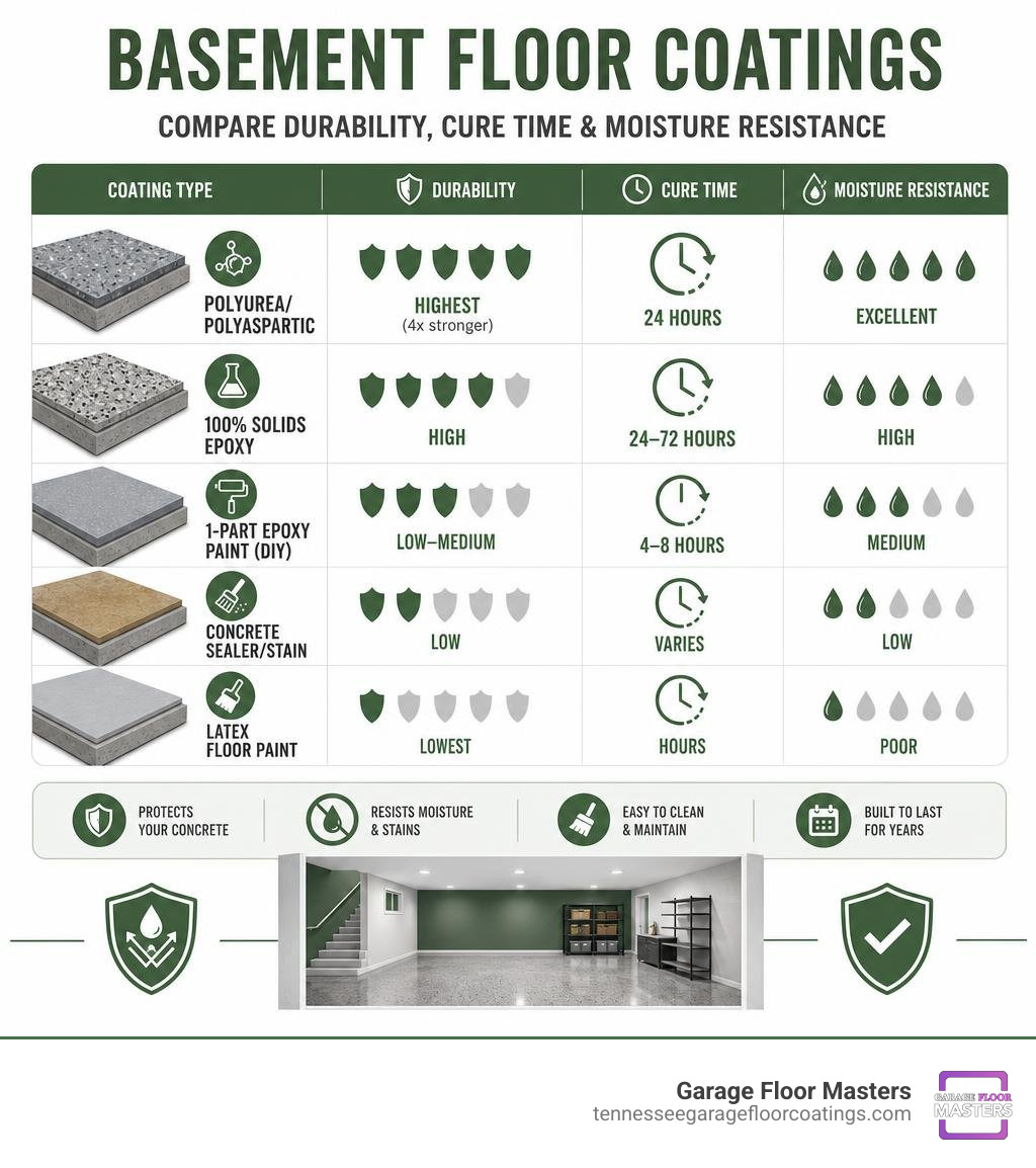 Comparison infographic of basement floor coating types by durability, cure time, and moisture resistance infographic Comparison infographic of basement floor coating types by durability, cure time, and moisture resistance infographic