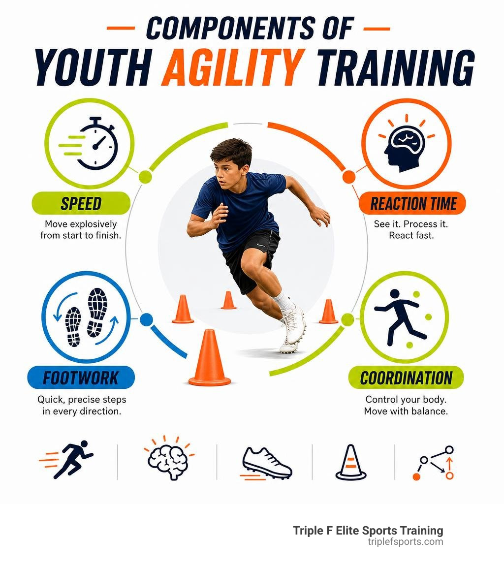 Components of youth agility training including speed, reaction time, footwork, and coordination infographic Components of youth agility training including speed, reaction time, footwork, and coordination infographic