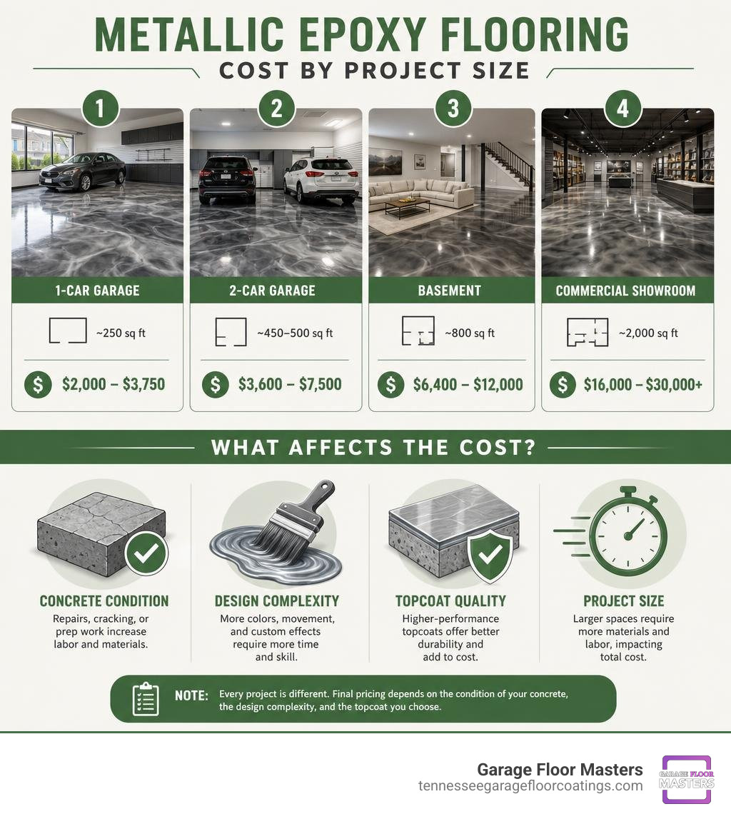 infographic showing metallic epoxy floor cost ranges by project size and key pricing factors infographic