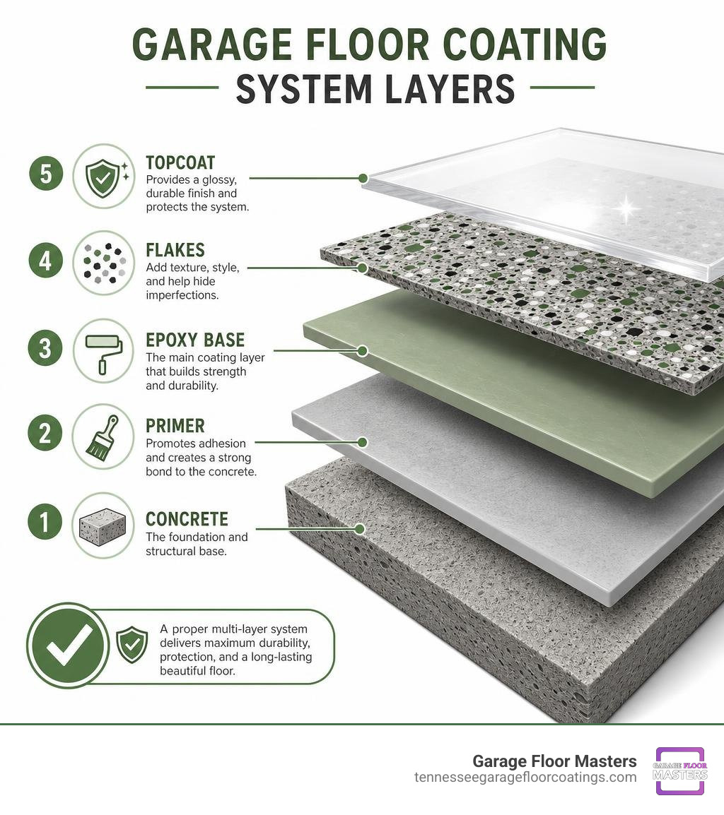 Diagram showing the layers of a garage floor coating system: concrete, primer, epoxy base, flakes, topcoat infographic Diagram showing the layers of a garage floor coating system: concrete, primer, epoxy base, flakes, topcoat infographic