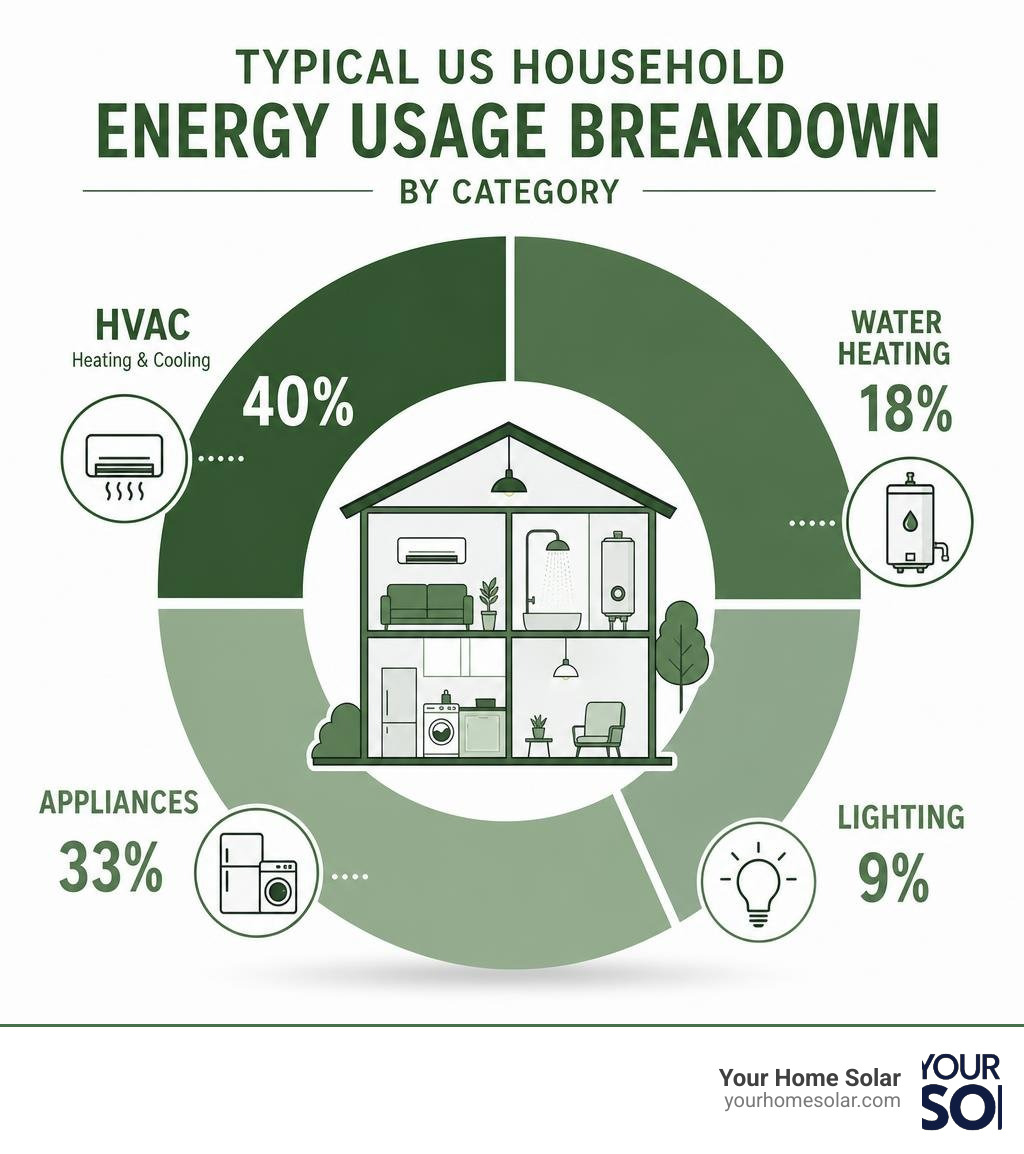 Typical US household energy usage breakdown by category — HVAC, water heating, appliances, lighting infographic Typical US household energy usage breakdown by category — HVAC, water heating, appliances, lighting infographic