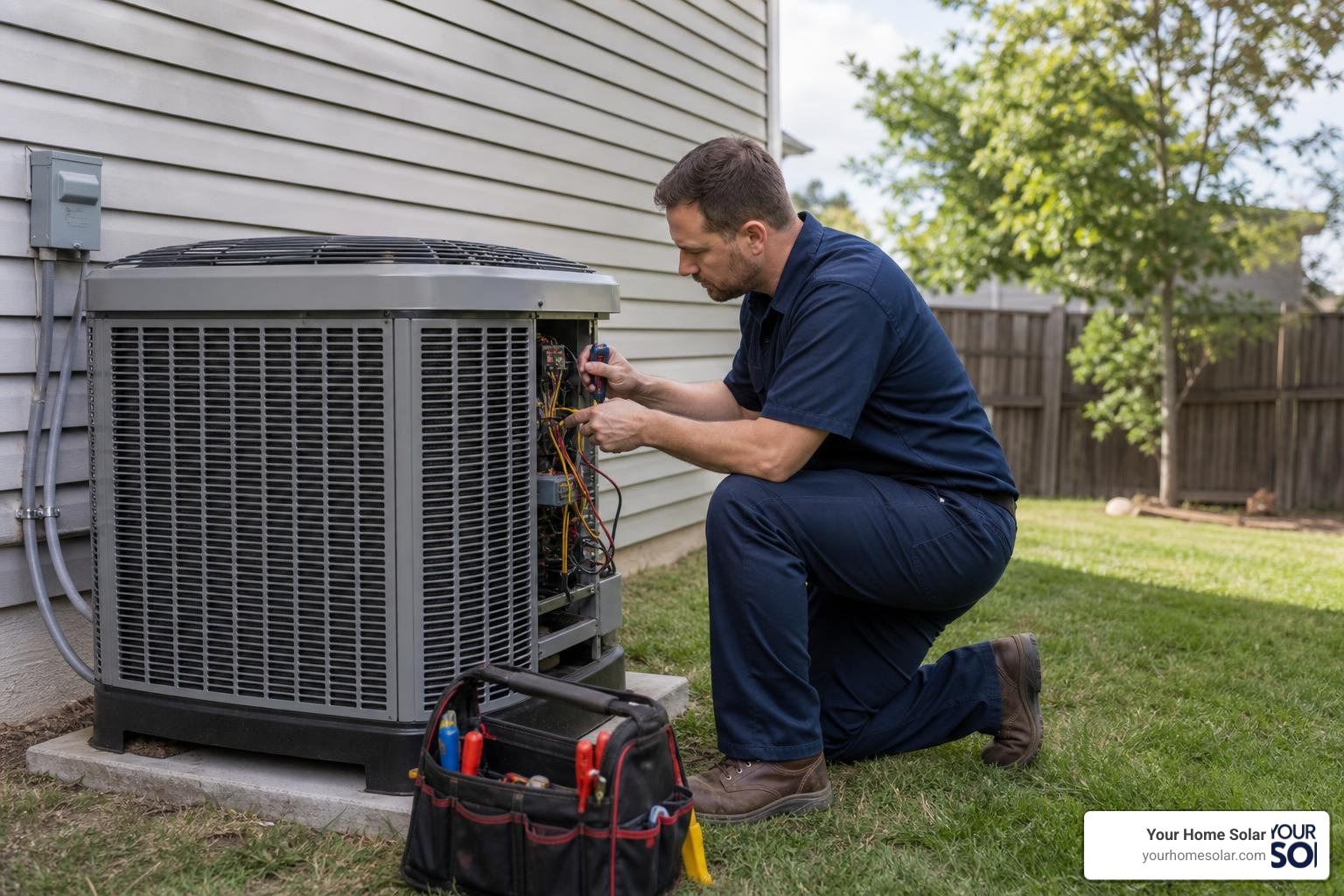 Technician servicing a residential outdoor air conditioning unit to improve HVAC efficiency Technician servicing a residential outdoor air conditioning unit to improve HVAC efficiency