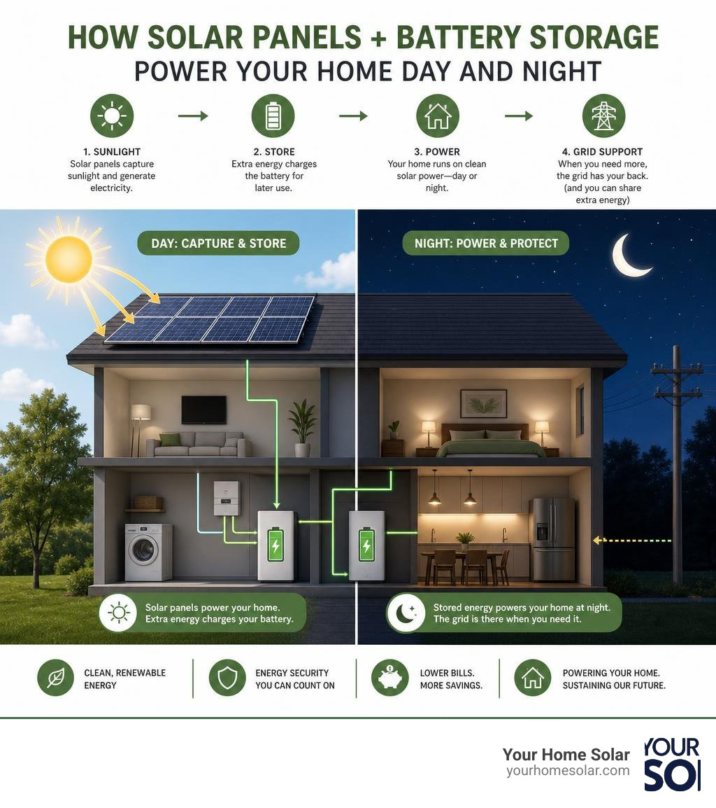 Infographic showing how solar panels and battery storage work together to power a home day and night infographic Infographic showing how solar panels and battery storage work together to power a home day and night infographic