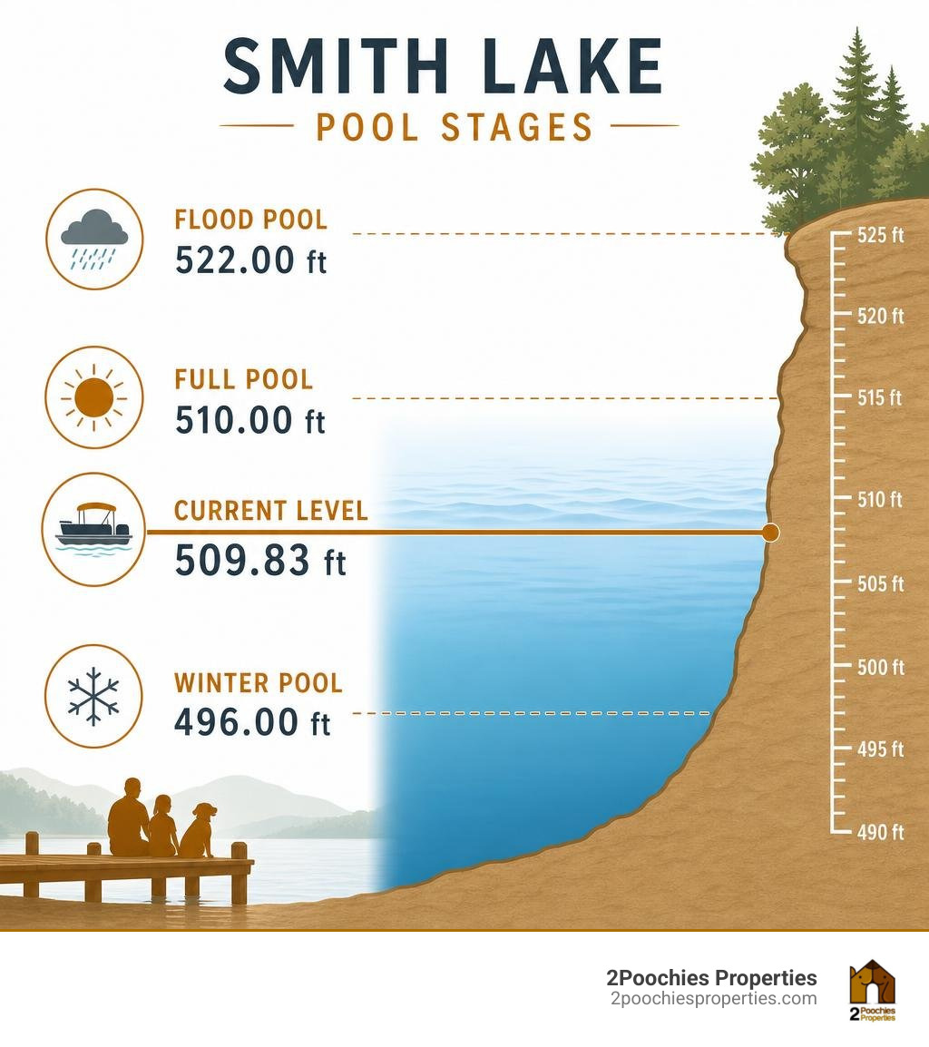 Smith Lake pool stages infographic showing full pool 510ft, current level 509.83ft, winter pool 496ft, and flood pool 522ft