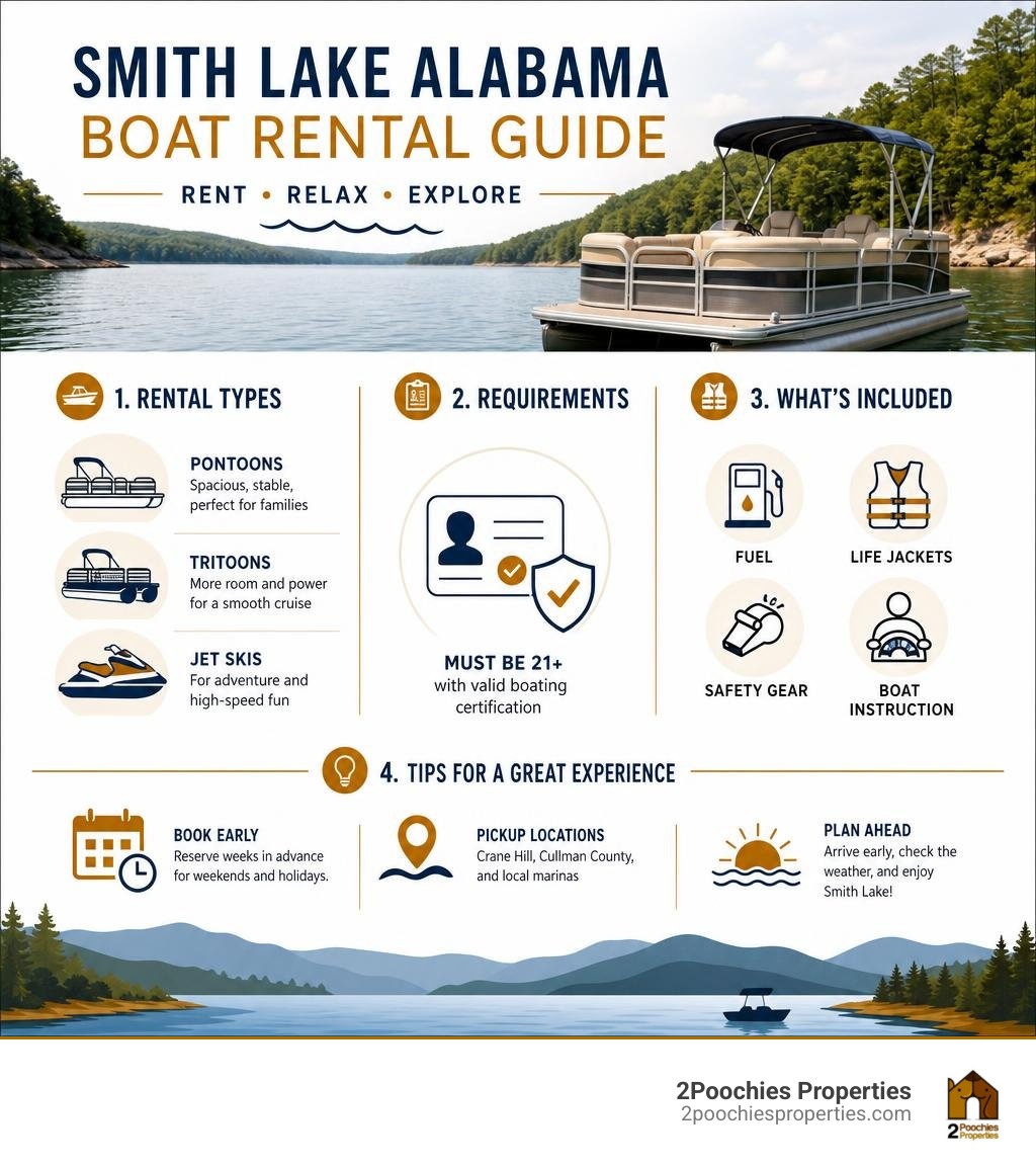 Smith Lake Alabama boat rental guide infographic showing rental types, requirements, and tips infographic