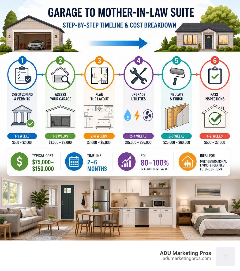 Step-by-step infographic: garage to mother-in-law suite conversion timeline and cost breakdown infographic