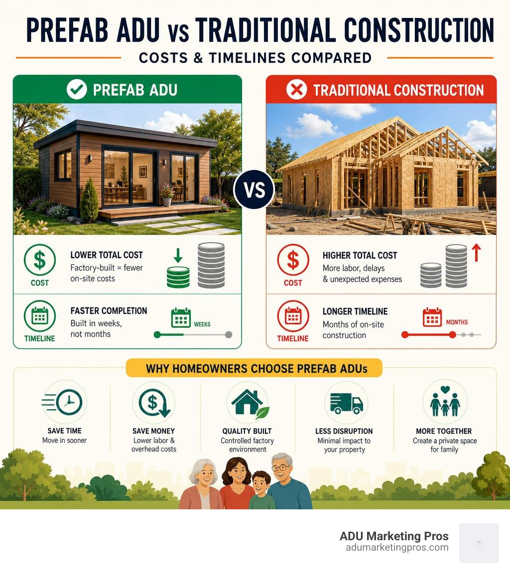 Infographic comparing prefab ADU benefits vs traditional construction costs and timelines infographic