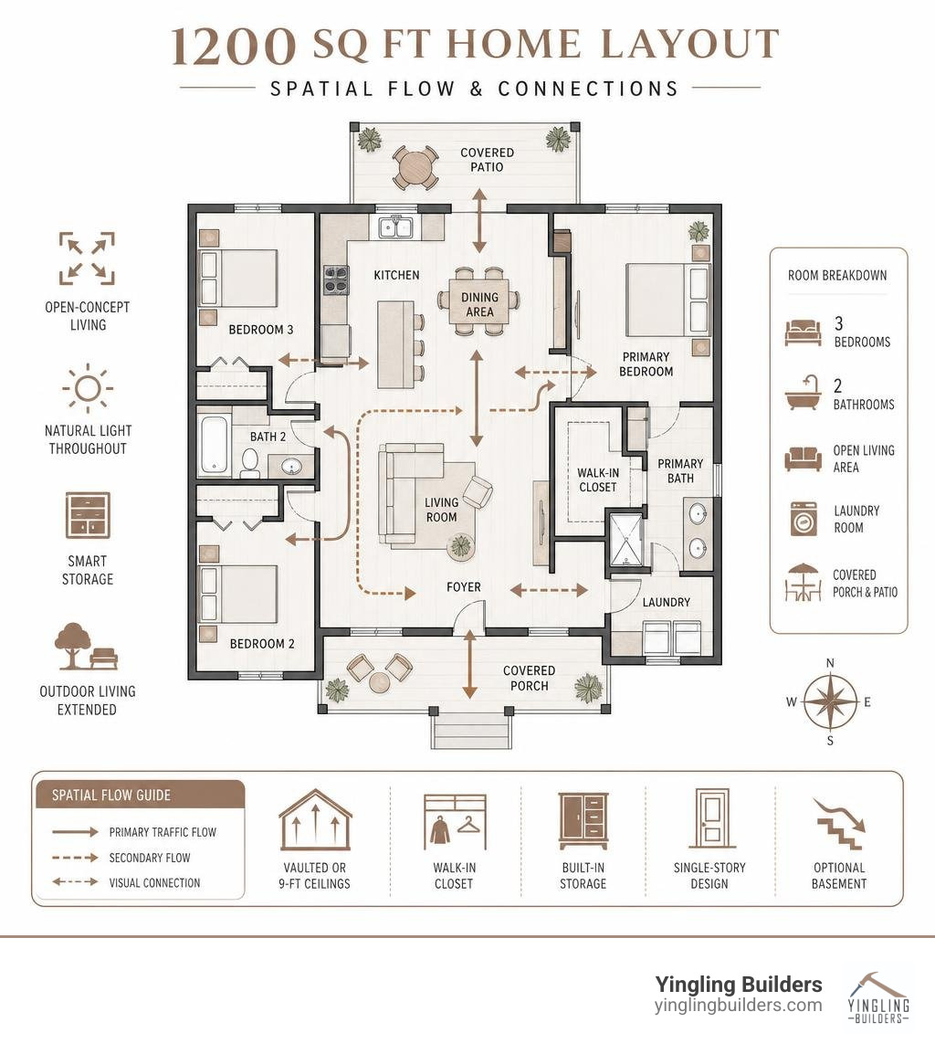 Spatial flow infographic for a 1200 sq ft home layout with rooms and connections labeled infographic Spatial flow infographic for a 1200 sq ft home layout with rooms and connections labeled infographic
