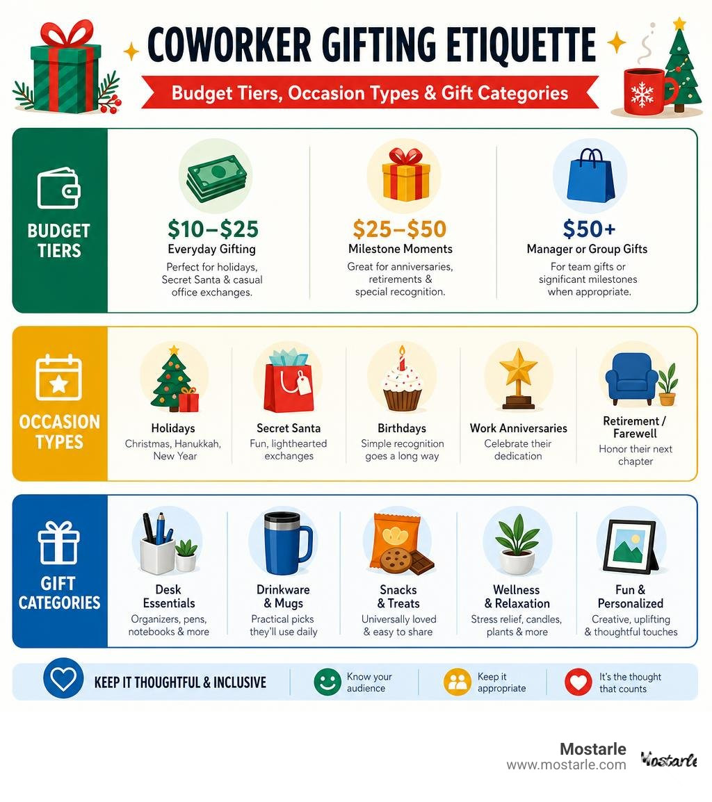 Coworker gifting etiquette infographic: budget tiers, occasion types, and gift categories infographic Coworker gifting etiquette infographic: budget tiers, occasion types, and gift categories infographic