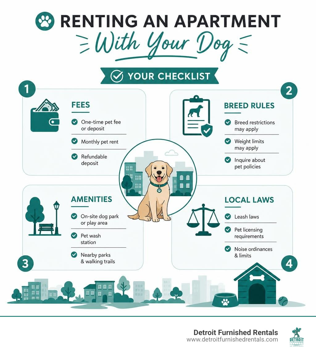 Checklist infographic for renting an apartment with a dog: fees, breed rules, amenities, local laws infographic Checklist infographic for renting an apartment with a dog: fees, breed rules, amenities, local laws infographic