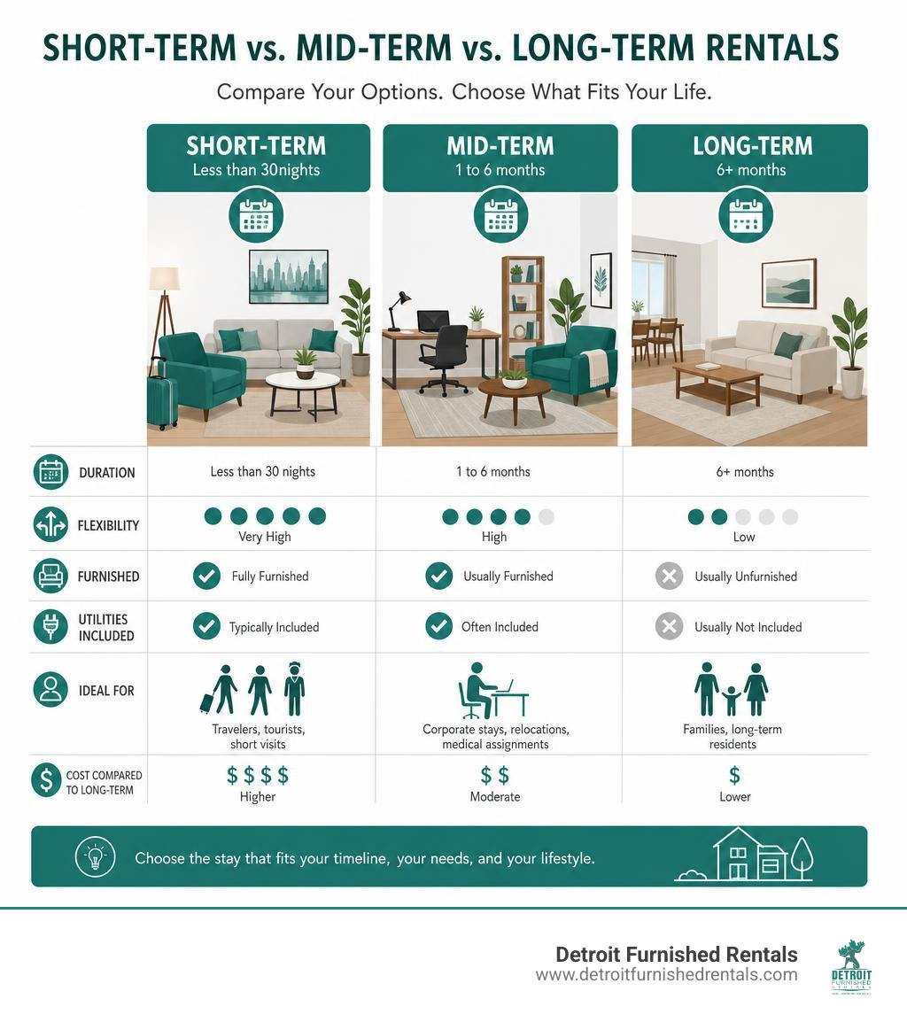 Infographic comparing short-term, mid-term, and long-term rental options with key features infographic