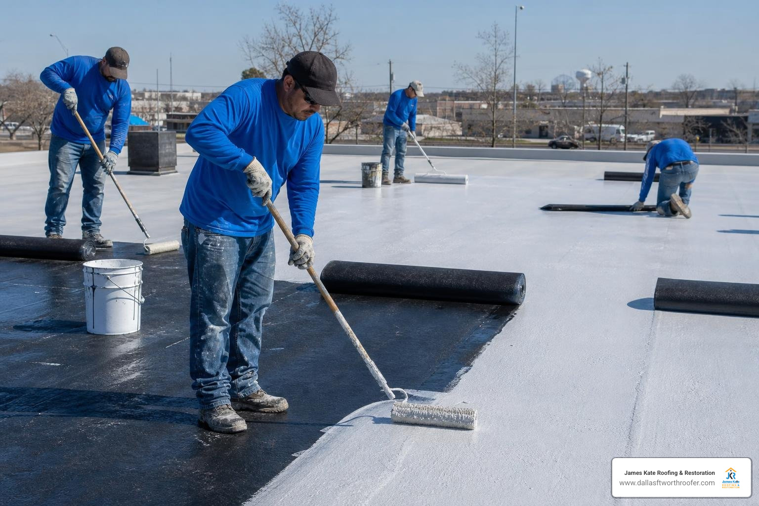 James Kate crew members wearing royal blue shirts prepping a flat commercial roof in Arlington TX James Kate crew members wearing royal blue shirts prepping a flat commercial roof in Arlington TX
