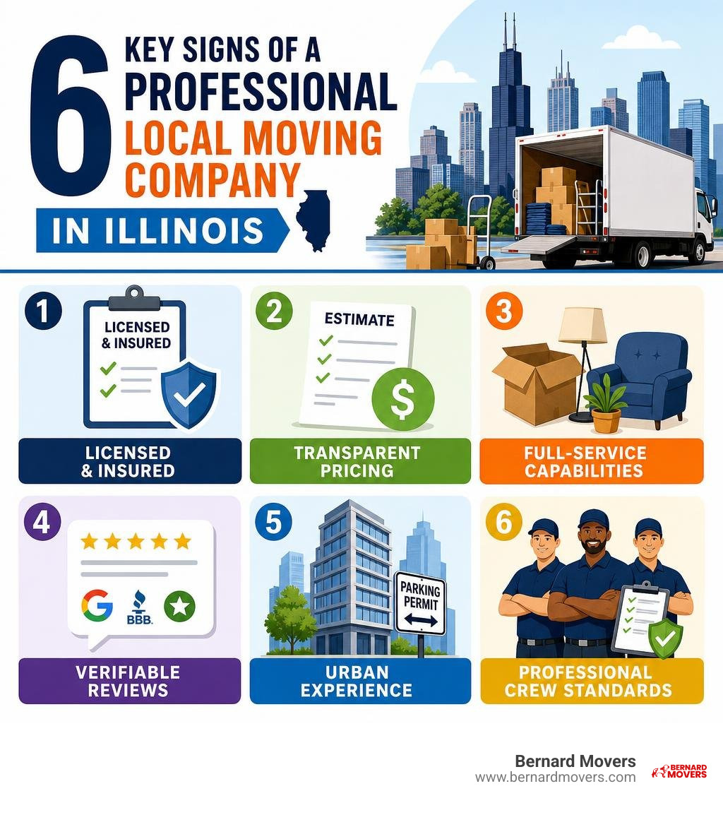Checklist infographic showing 6 key signs of a professional local moving company in Illinois infographic Checklist infographic showing 6 key signs of a professional local moving company in Illinois infographic