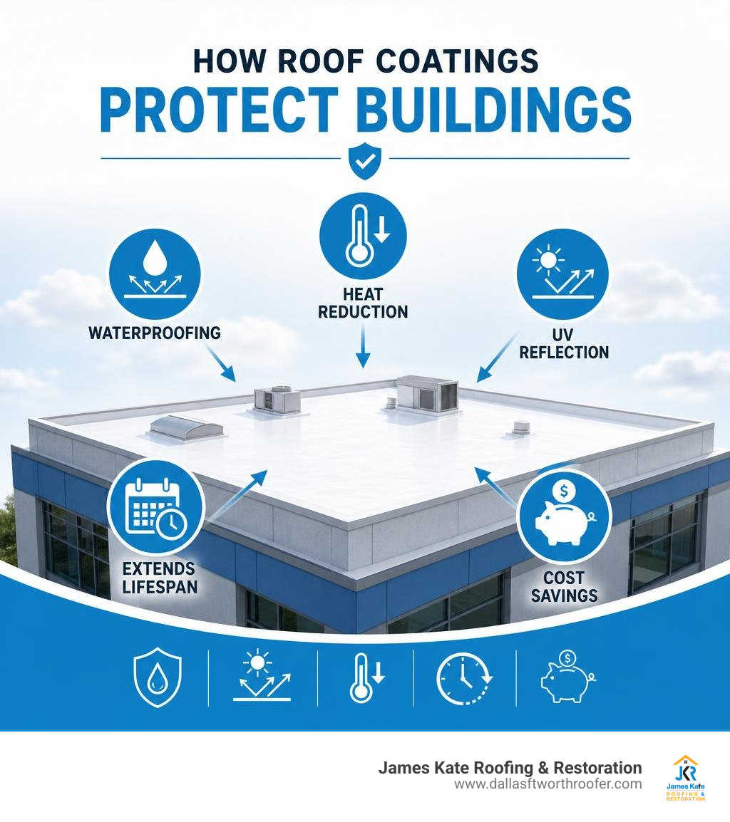 Infographic showing how roof coatings protect buildings: waterproofing, UV reflection, heat reduction, lifespan extension Infographic showing how roof coatings protect buildings: waterproofing, UV reflection, heat reduction, lifespan extension