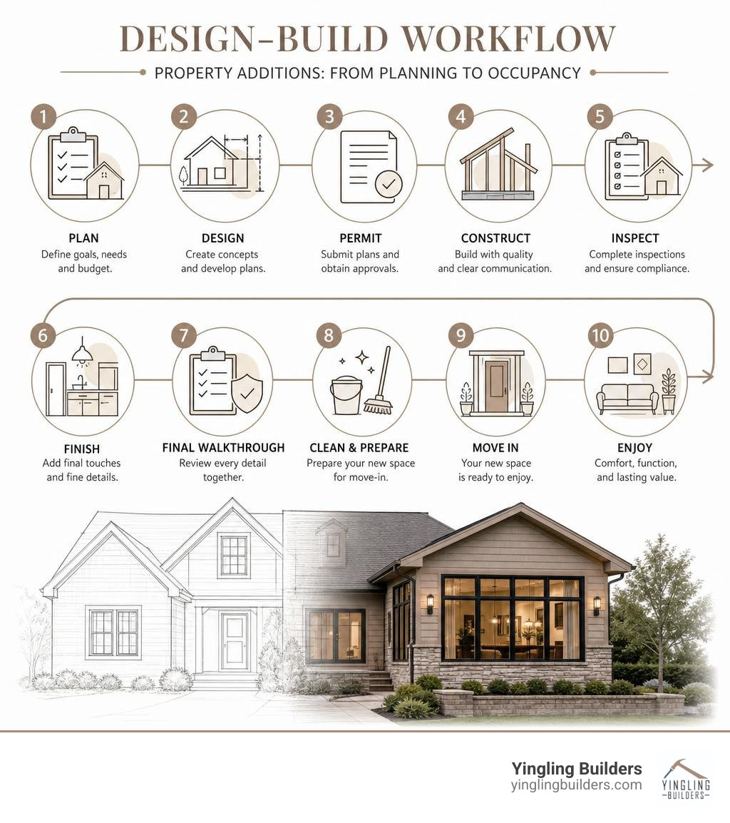 infographic showing design-build workflow steps for property additions from planning to occupancy infographic infographic showing design-build workflow steps for property additions from planning to occupancy infographic