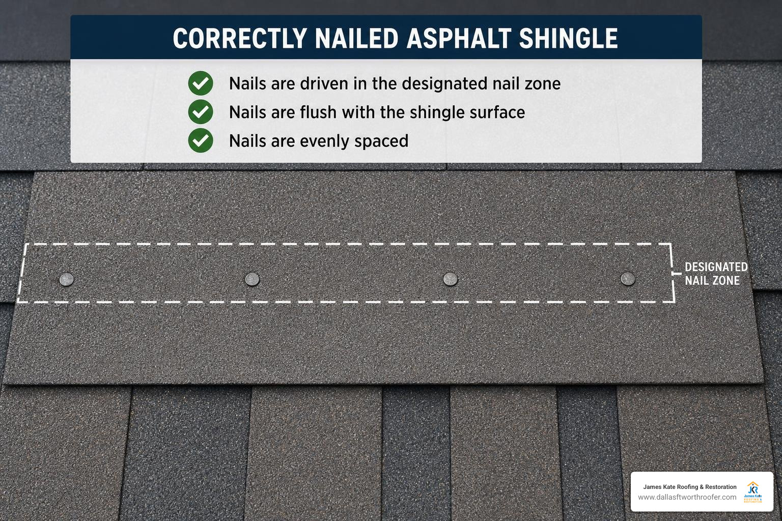 A diagram showing a correctly nailed asphalt shingle with nails driven flush in the designated nail zone A diagram showing a correctly nailed asphalt shingle with nails driven flush in the designated nail zone