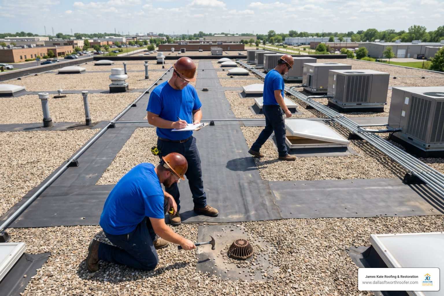 James Kate Roofing team members in royal blue shirts inspecting a commercial flat roof James Kate Roofing team members in royal blue shirts inspecting a commercial flat roof