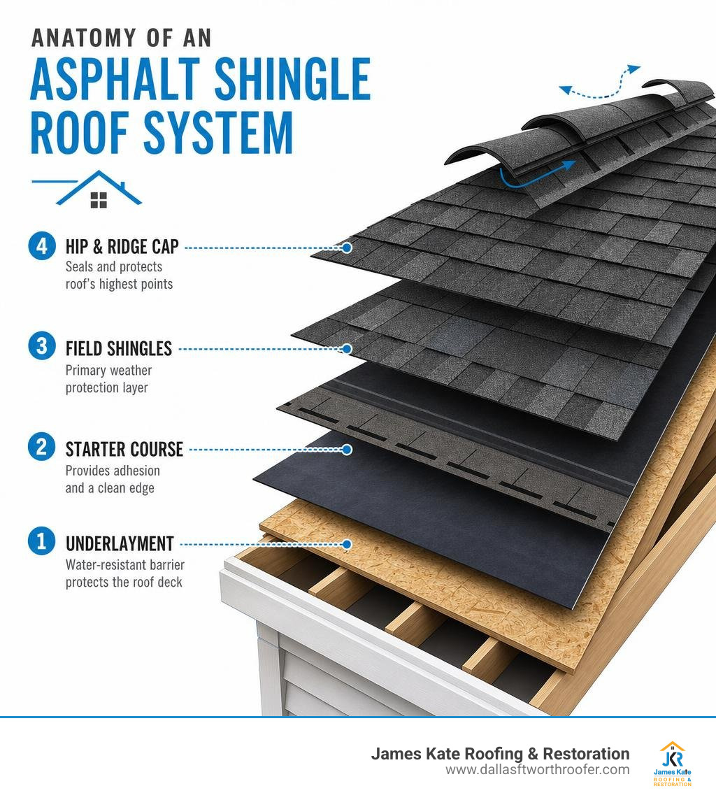 Infographic showing anatomy of asphalt shingle roof system with underlayment, starter course, shingles, and hip ridge cap Infographic showing anatomy of asphalt shingle roof system with underlayment, starter course, shingles, and hip ridge cap